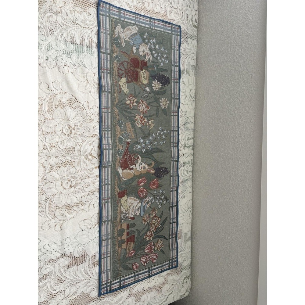 Rabbit Garden Woven Tapestry Table Runner Cottagecore Spring Floral Easter Decor